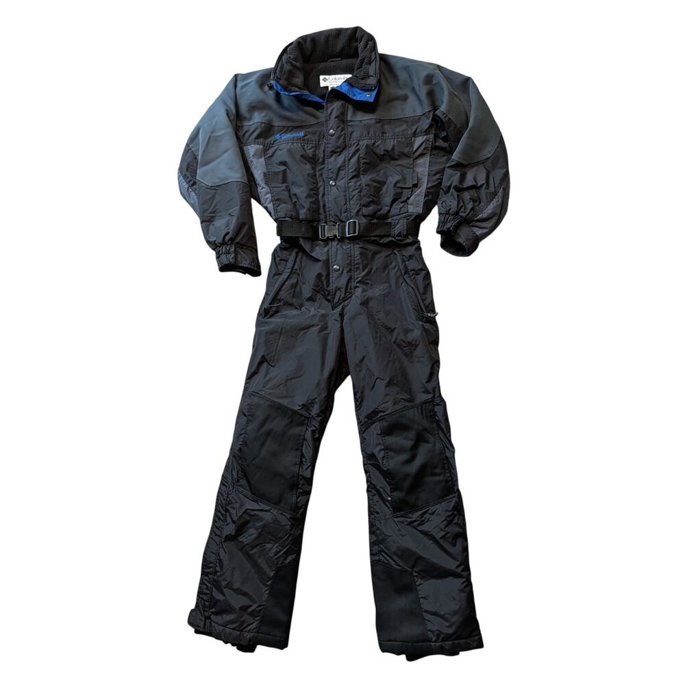 Columbia Vintage 1Pc Ski Suit Mens S Black Blue Trim Belted One Piece Snowsuit